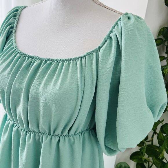 See You Monday Anthropologie Sea Foam Green Puffy Peasant Style Dress Size Large - Picture 4 of 7